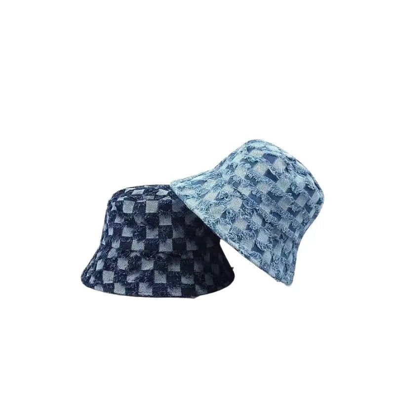 Korean Plaid Denim Sun Bucket Hat