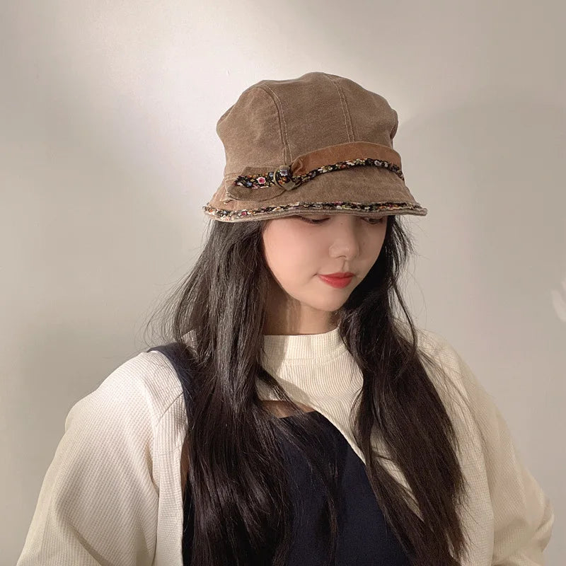 Niche Denim Lace Short Brim Bucket Hat