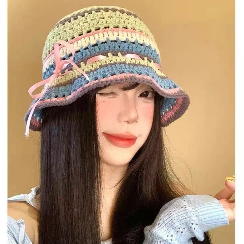 Bow Colored Knitted Hollow Travel Woolen Bucket Hat