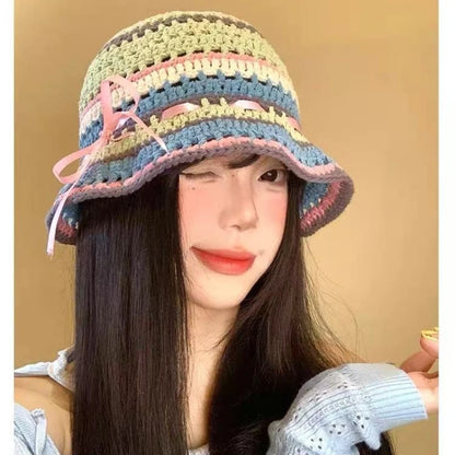 Bow Colored Knitted Hollow Travel Woolen Bucket Hat