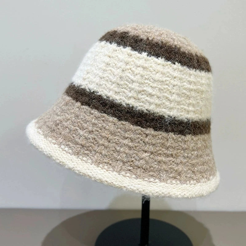 Wide-Striped Knitted Winter Bucket Hat