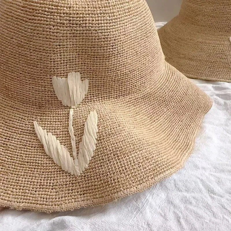 Natural Raffia Woven Wide Brim Bucket Hat