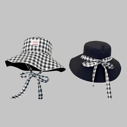 Double-Sided Plaid Lace-Up Bucket Hat Women