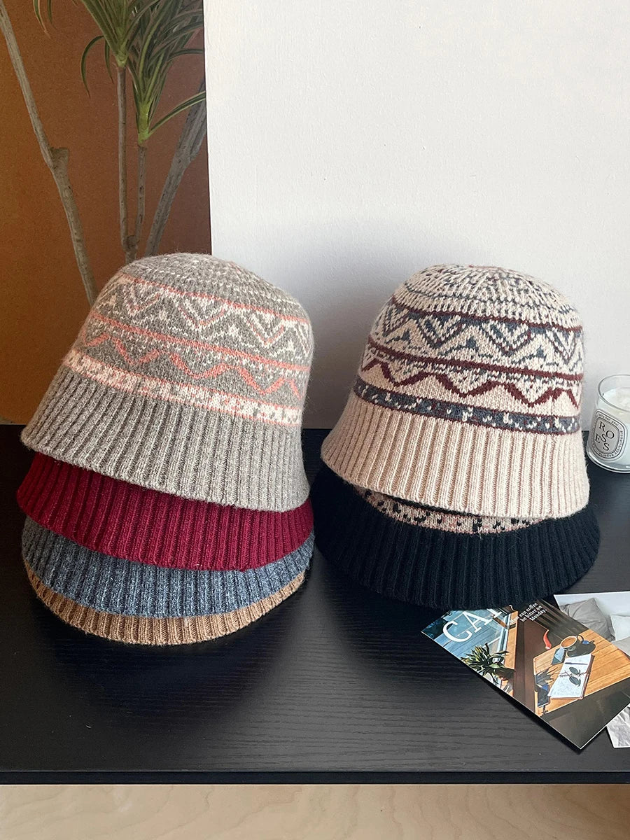 Vintage Fair Isle Knit Wool Bucket Hat