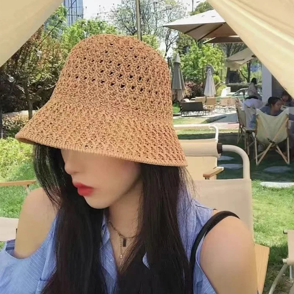 Spring Summer Hollow Knitted Beach Bucket Hat