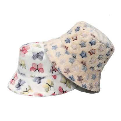 Women Butterfly Fleece Winter Bucket Hat