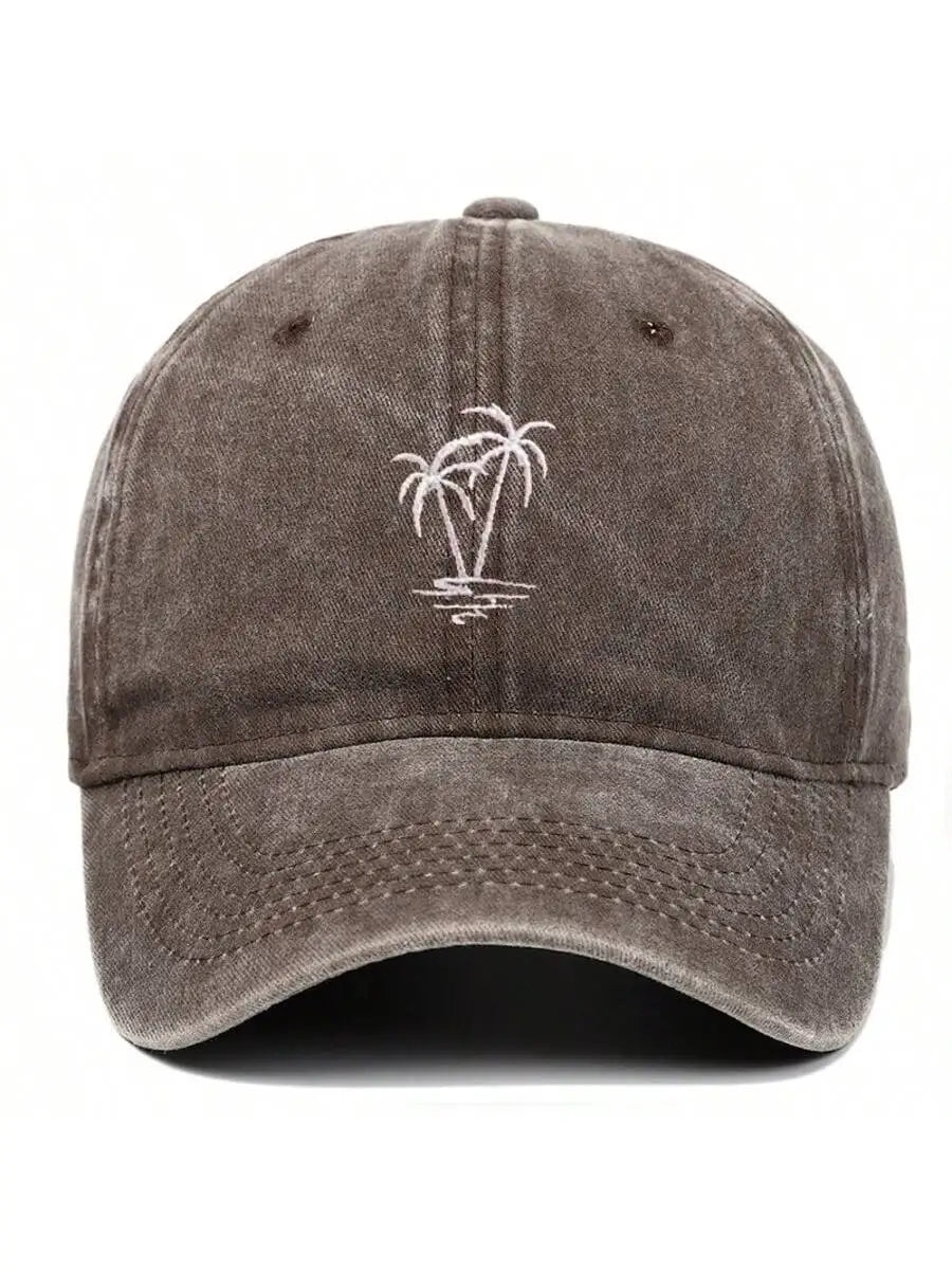 New Coconut Tree Embroidery Vintage Washed Baseball Cap