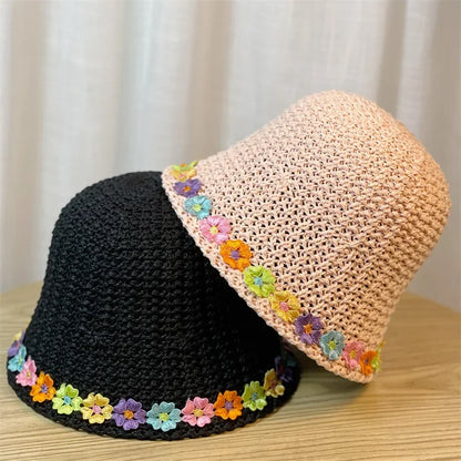 Womens Woven Rainbow Straw Foldable Bucket Hat