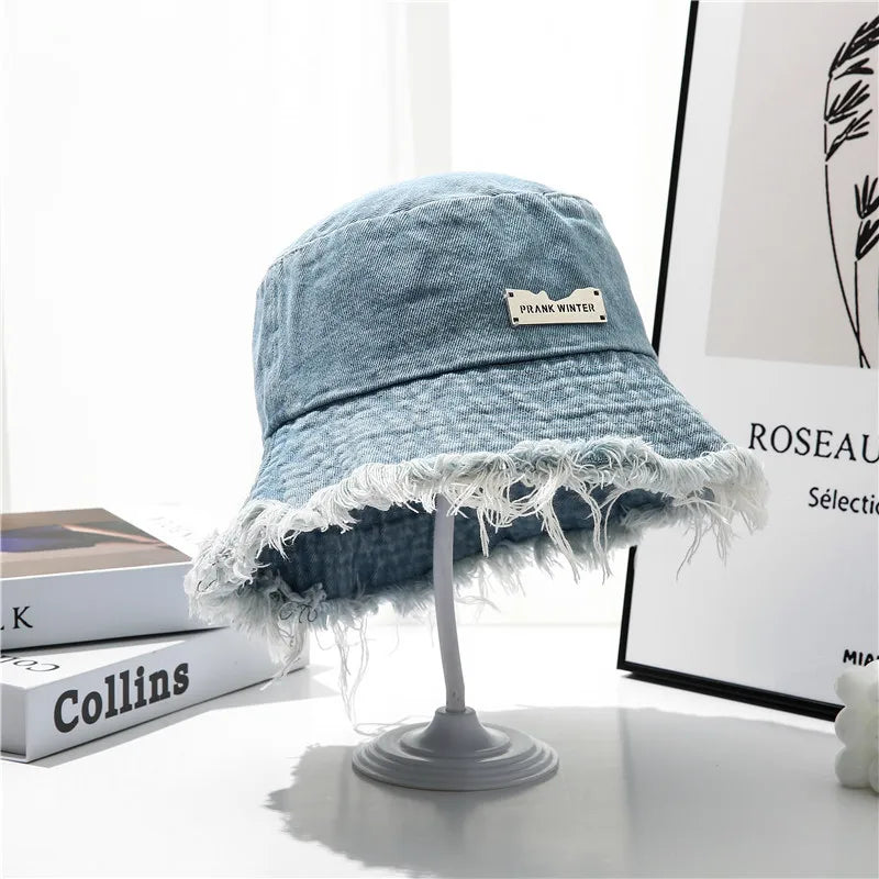 Washed Denim Wide Brim Bucket Hat