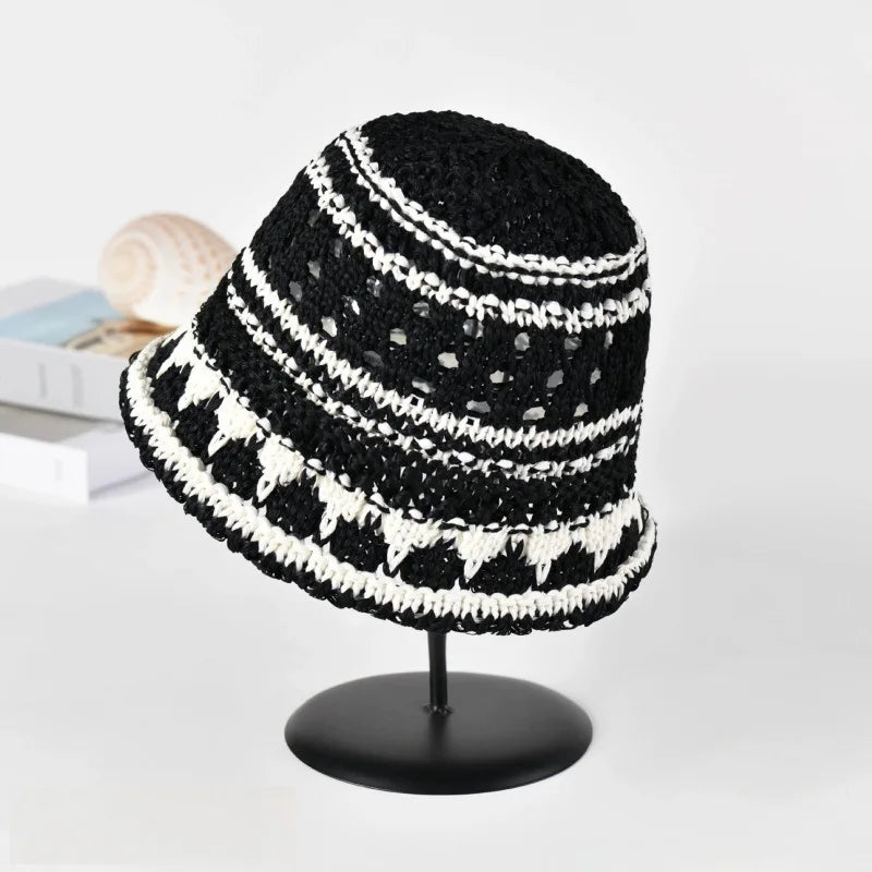 Color Blocked Woven Hollow Fisherman Bucket Hat