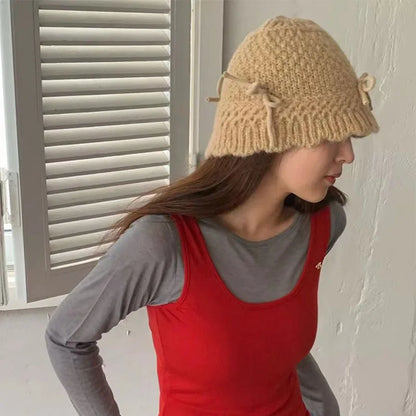 Korean Bow Decor Knit Bucket Hat