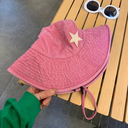 Pink Star Print Retro Korean Denim Bucket Hat