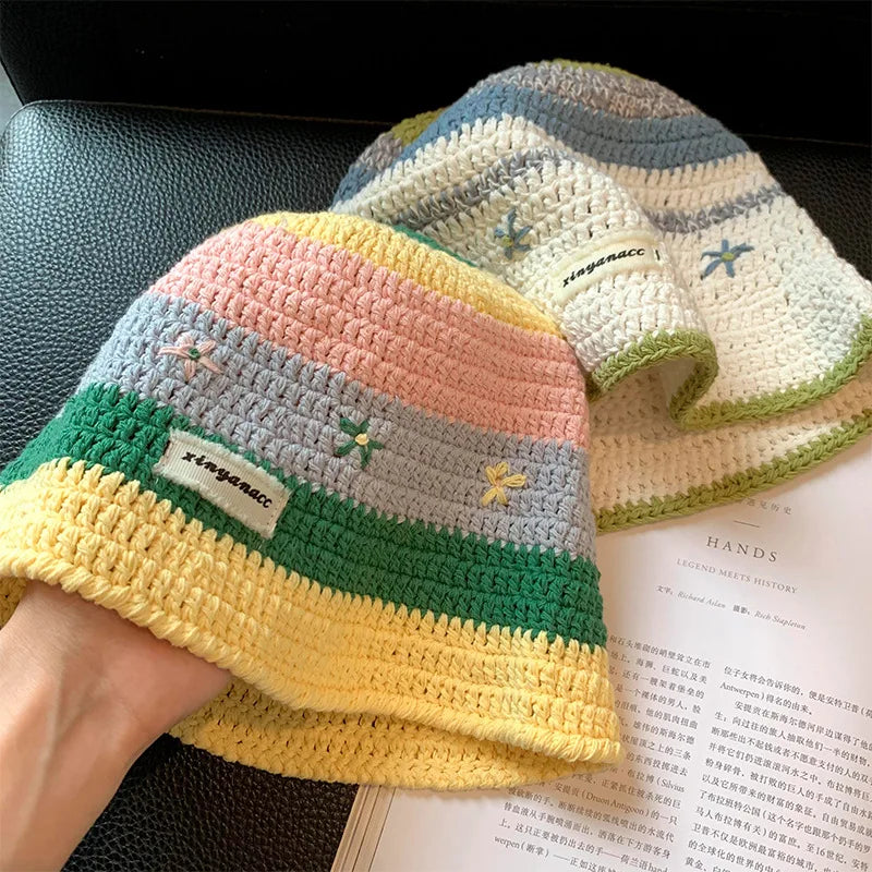 Sweet Cute Striped Flower Large Brim Bucket Hat
