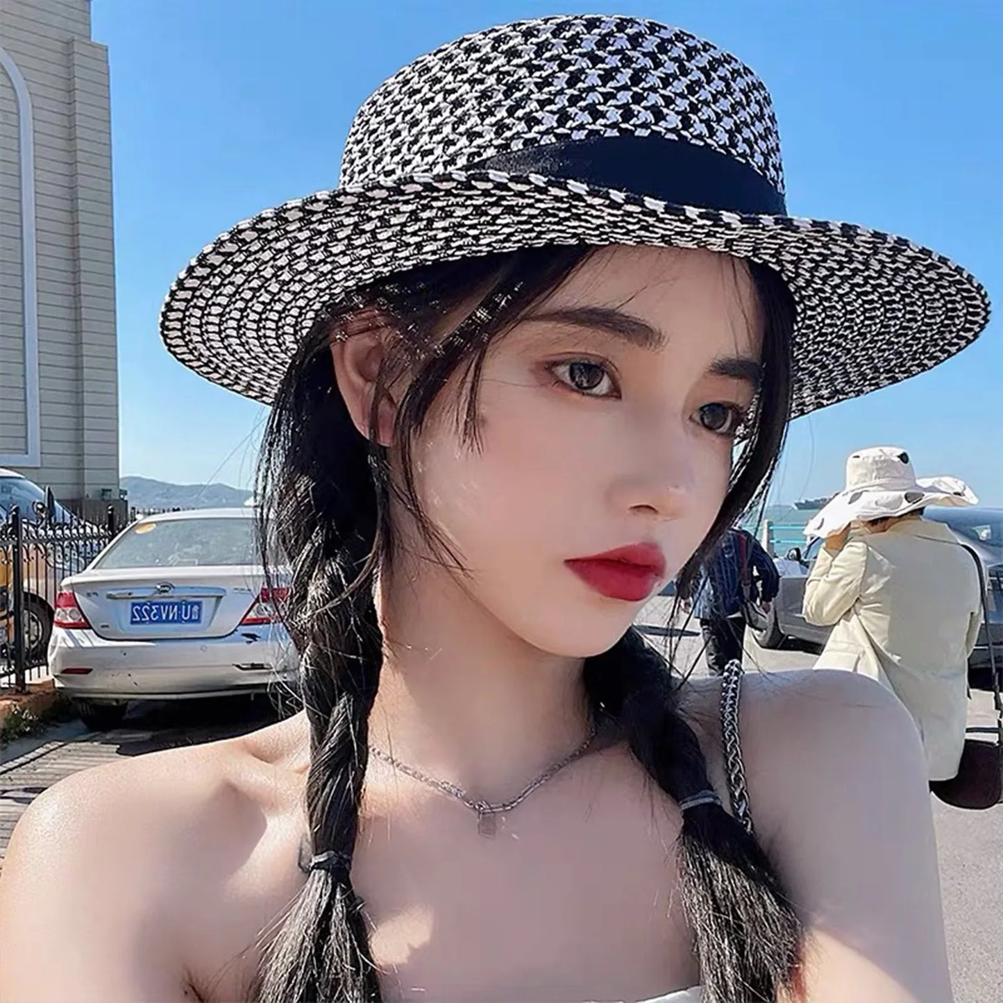 French Vintage Rhinestone Straw Bucket Hat