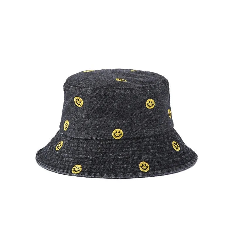 Cute Smiley Embroidered Washed Denim Summer Bucket Hat