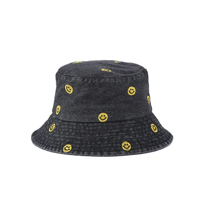 Cute Smiley Embroidered Washed Denim Summer Bucket Hat