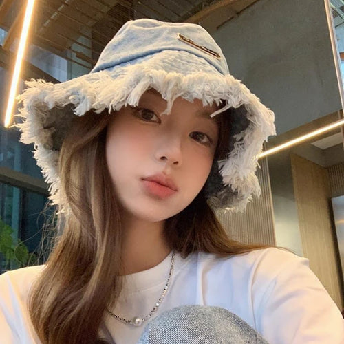 Korean Fringed Washed Denim Bucket Hat