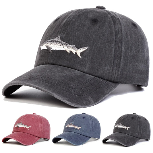 Unisex Shark Embroidery Washed Baseball Cap