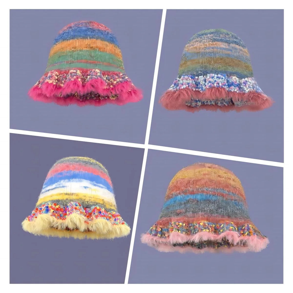 Rainbow Stripe Ruffle Edge Knitted Bucket Hat