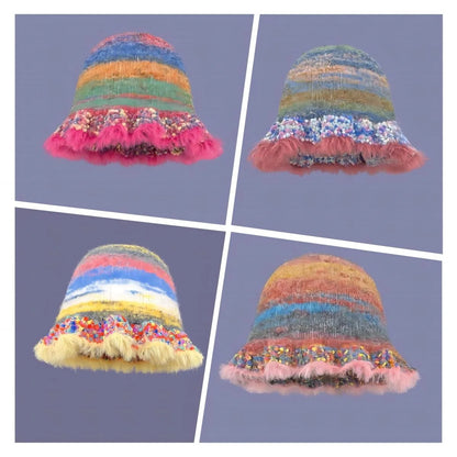 Rainbow Stripe Ruffle Edge Knitted Bucket Hat