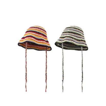 Large Size Contrasting Striped Crochet Hollow Bucket Hat
