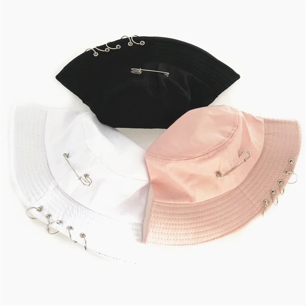 Unisex Cotton Bucket Hat Iron Pin Ring