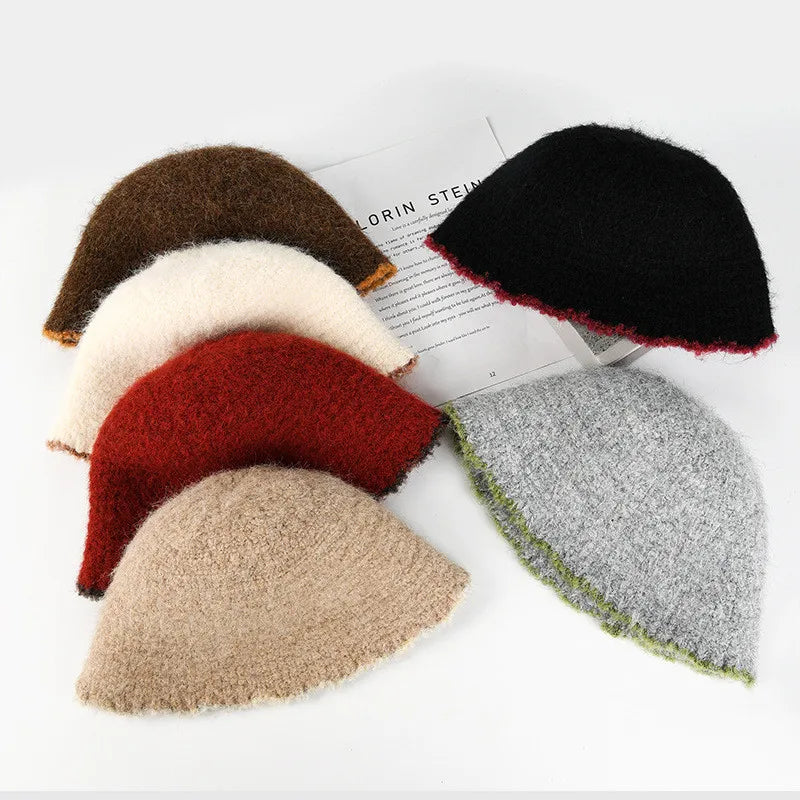 Autumn Winter Knitted Plush Warm Bucket Hat for Women
