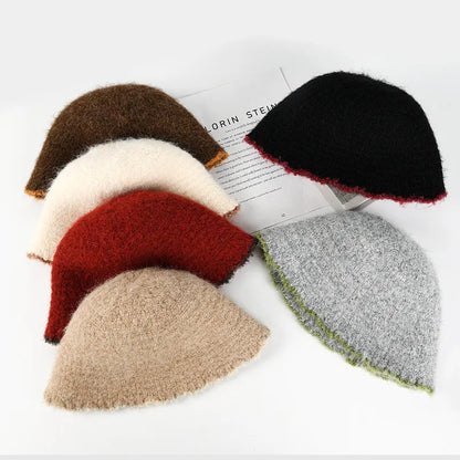 Autumn Winter Knitted Plush Warm Bucket Hat for Women