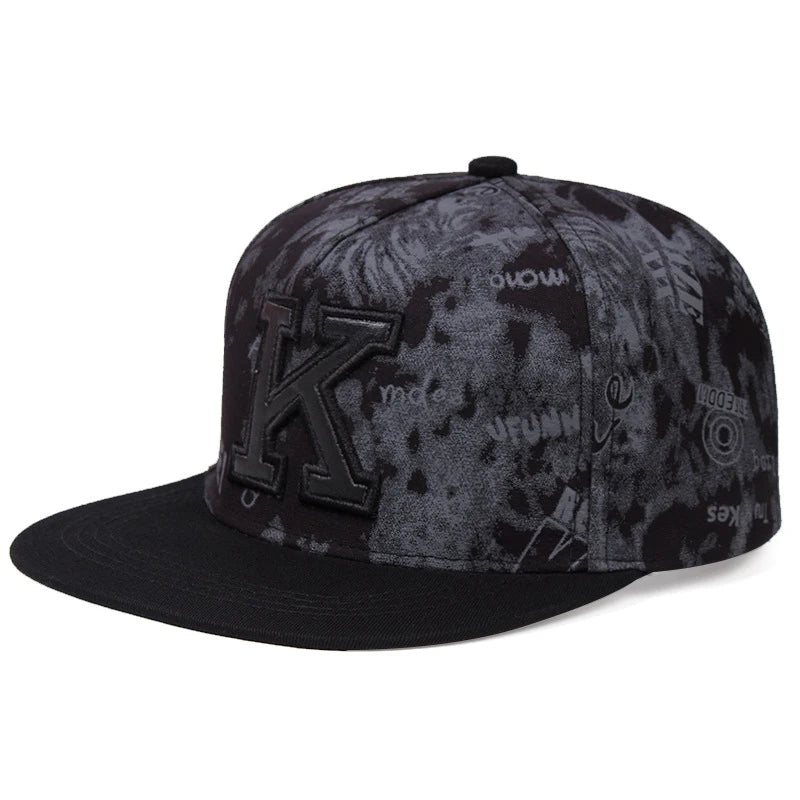 Unisex Letter K 3D Embroidery Flat Brim Hip Hop Baseball Cap