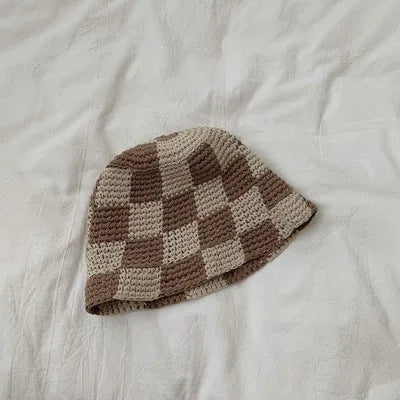 Korean Handmade Crochet Plaid Fisherman Bucket Hat