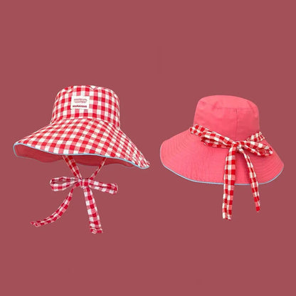Double-Sided Plaid Lace-Up Bucket Hat Women