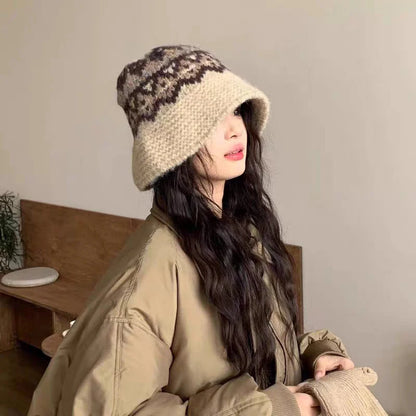 Retro Jacquard Knitted Korean Warm Women Bucket Hat