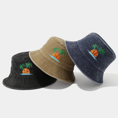 Distressed Coconut Tree Embroidered Beach Bucket Hat
