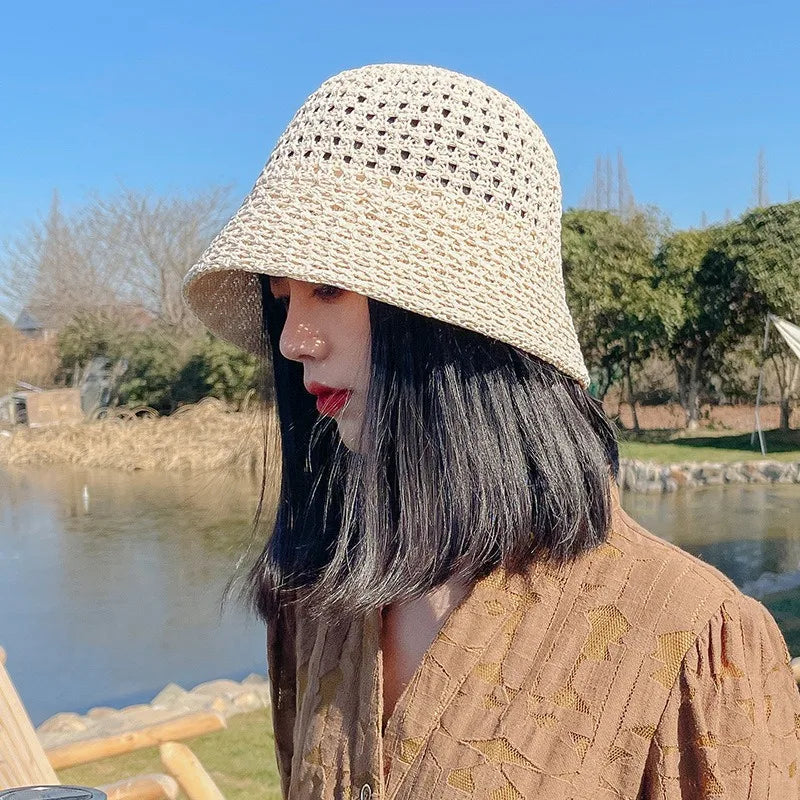 Spring Summer Hollow Knitted Beach Bucket Hat