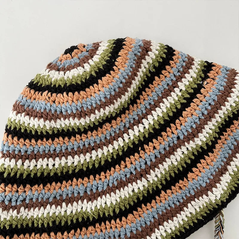 Large Size Contrasting Striped Crochet Hollow Bucket Hat