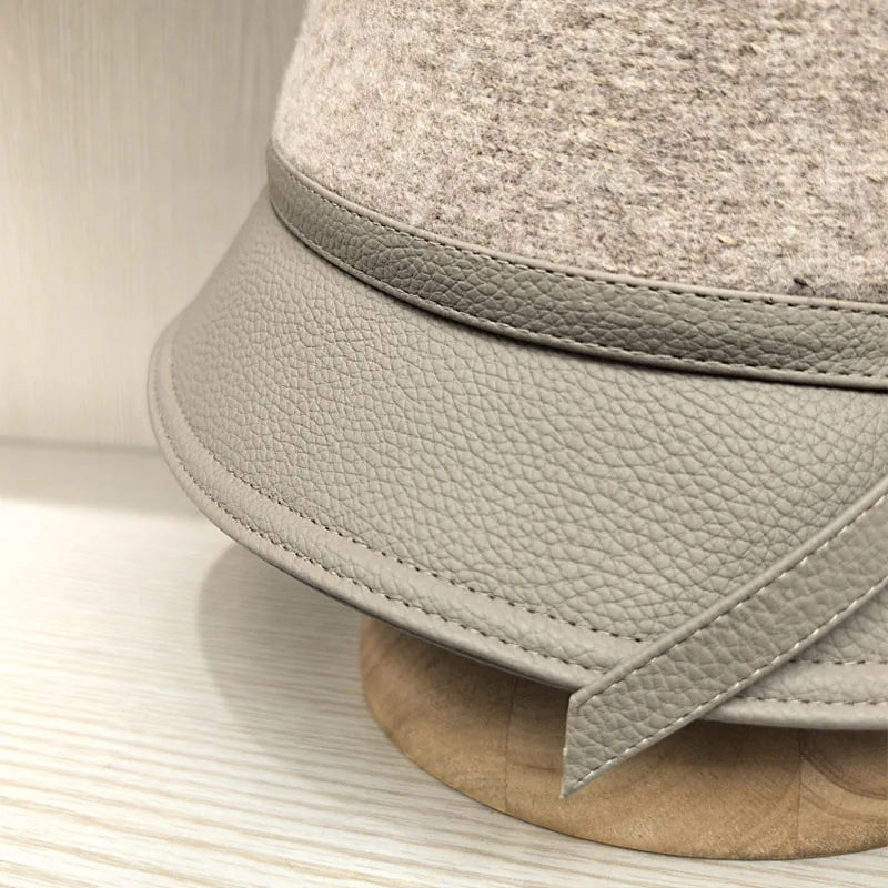 PU Leather Patchwork Wool Bucket Hat