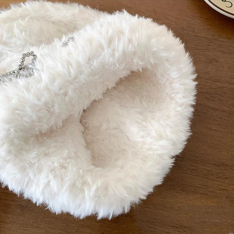 Metal Bow Plush Knitted Fur Bucket Hat