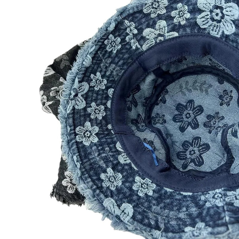 Korean Floral Print Washed Denim Summer Bucket Hat