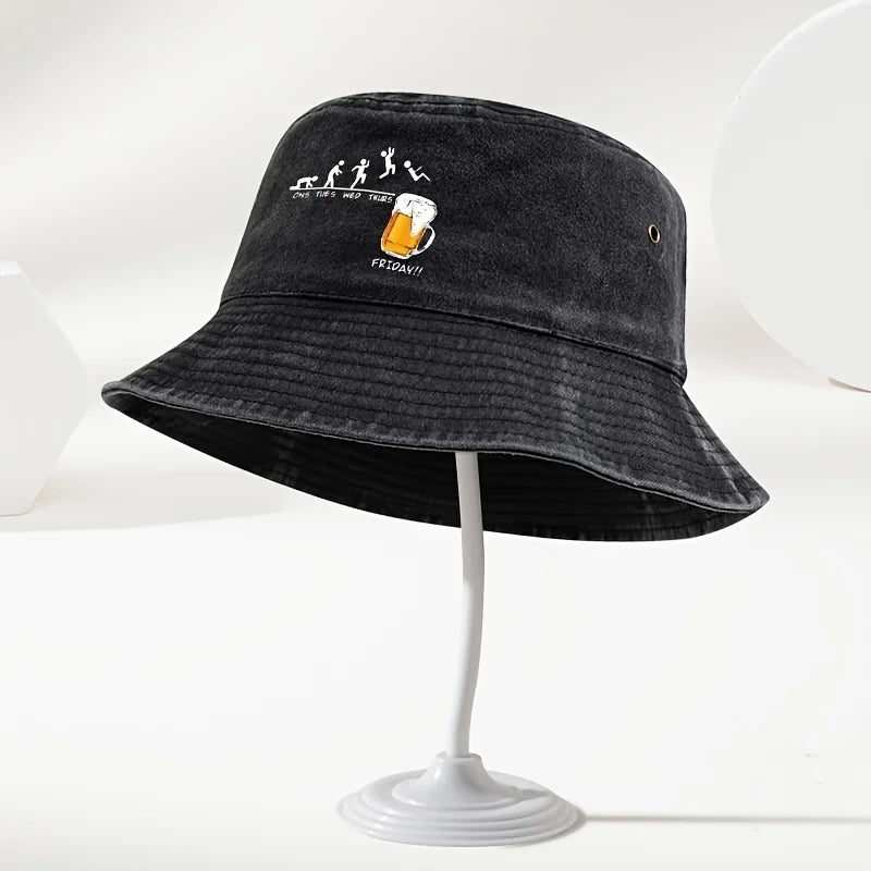 Fun Beer Cup Printed Washed Outdoor Travel Bucket Hat
