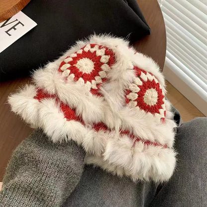 Women Rabbit Fur Crochet Winter Bucket Hat