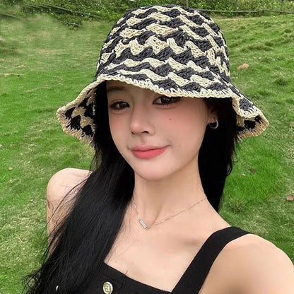 Korean Color Matching Hollow Straw Bucket Hat