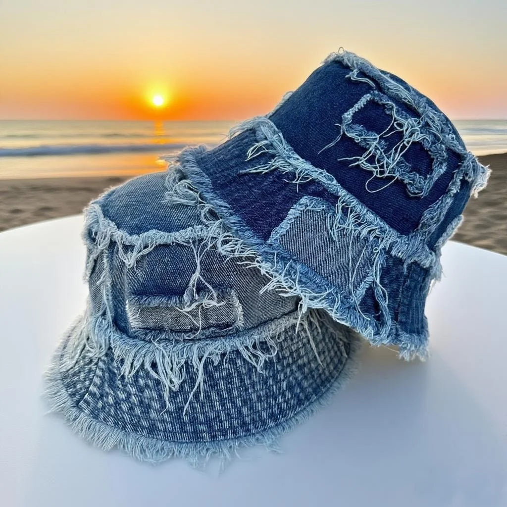 Korean Washed Denim Tassel Brim Bucket Hat