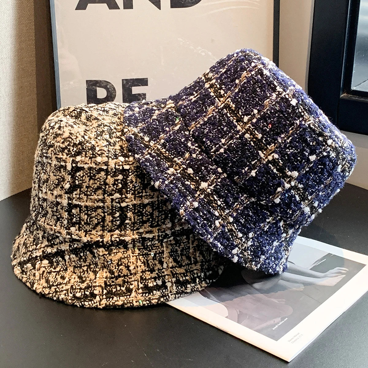 Korean Style Plaid Large Brim Bucket Hat