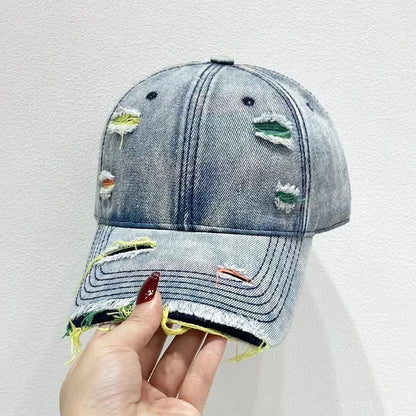 Korean Rainbow Cracked Denim Duck Tongue Baseball Cap