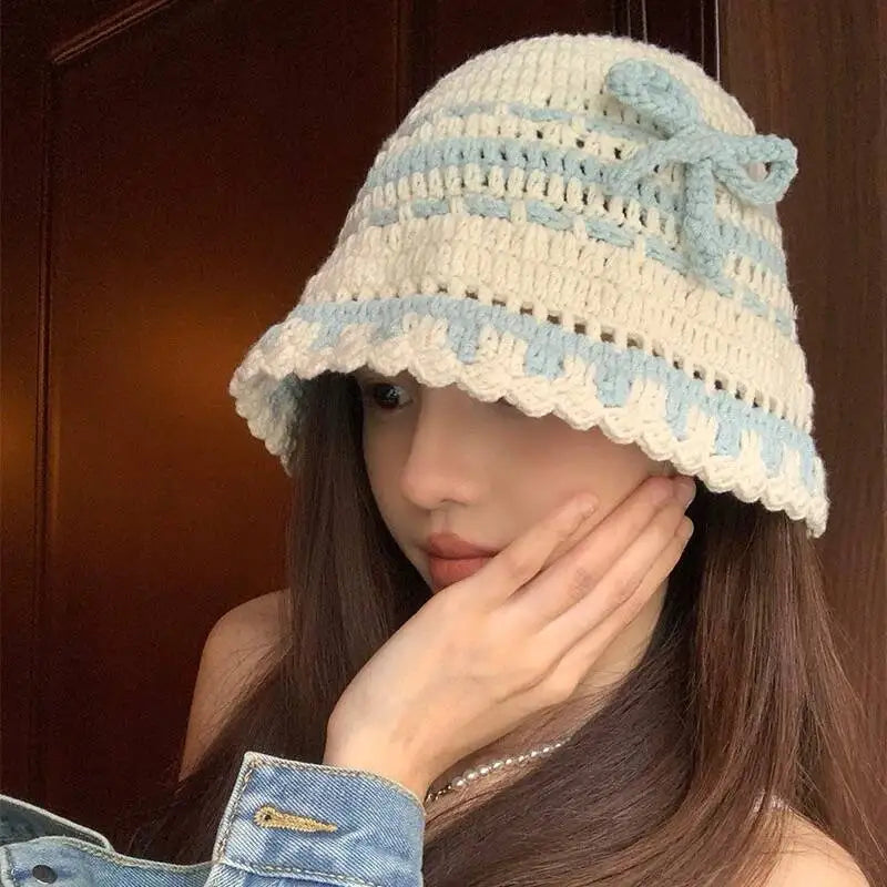 Korean Sweet Bow Hand-woven Knitted Bucket Hat