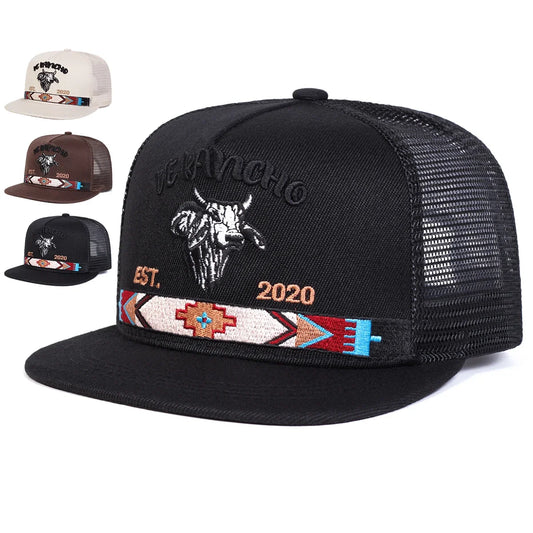Unisex Bullhead Letter Embroidered Mesh Snapback Cap
