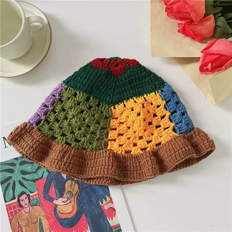Korean Retro Flower Crochet Knitted Hollow Bucket Hat