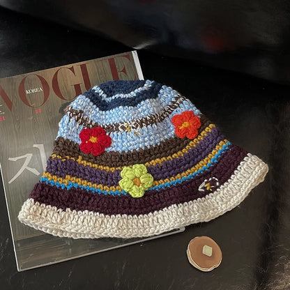 Korean Retro Flower Crochet Knitted Hollow Bucket Hat