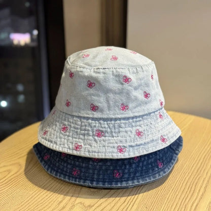 Butterfly Embroidery Denim Summer Fisherman Bucket Hat