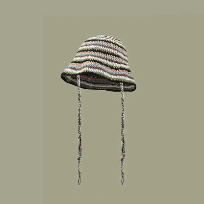 Large Size Contrasting Striped Crochet Hollow Bucket Hat